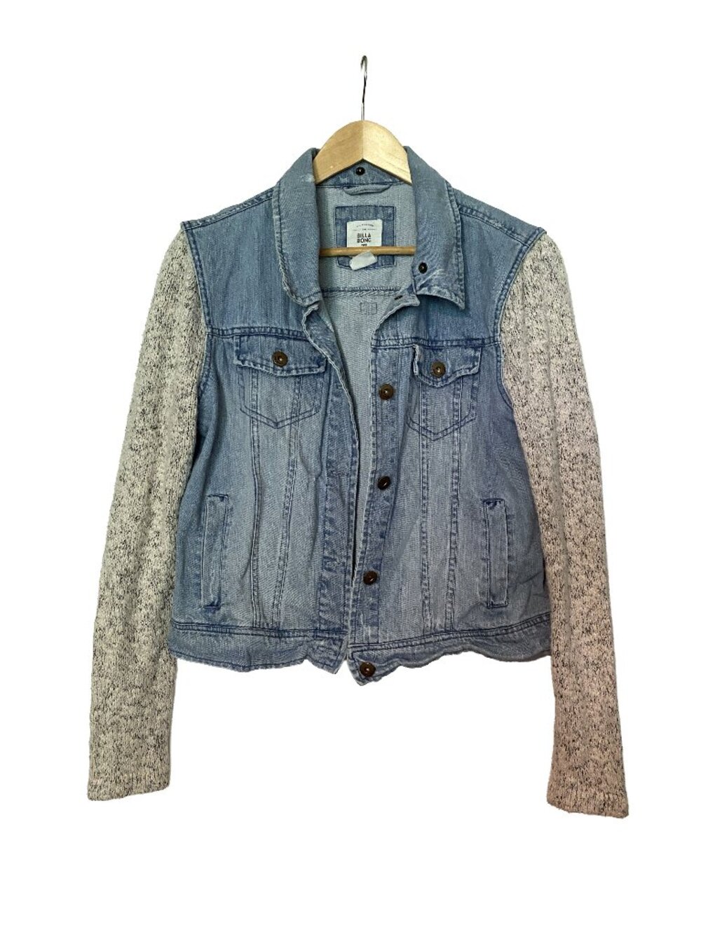 Billabong - Denim Knit Sleeve Jean Jacket - Light Wash Distressed - Size L